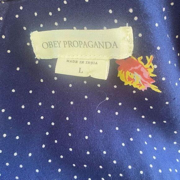 Obey Propaganda Womens Navy Blue Floral Dot Button Down Blouse Large - Picture 4 of 5